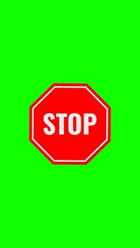Animated motion graphics of stop sign, traffic sign warning symbol on green screen vertical background