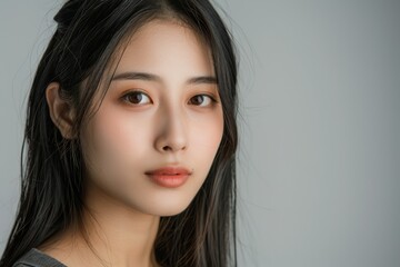 Fototapeta premium Elegant Portrait of a Young Asian Woman Capturing Modern Chic and Sophisticated Beauty, Perfect for Fashion