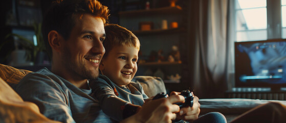 Young father playing video games with his child. Good parenting, bonding, quality time with a child, fun active leisure for families with kids. Celebration of Father's Day concept