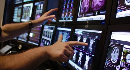 Closeup of hands pointing at an advanced computer screen displaying medical MRI images, with multiple monitors showing detailed infrared scans of the human brain