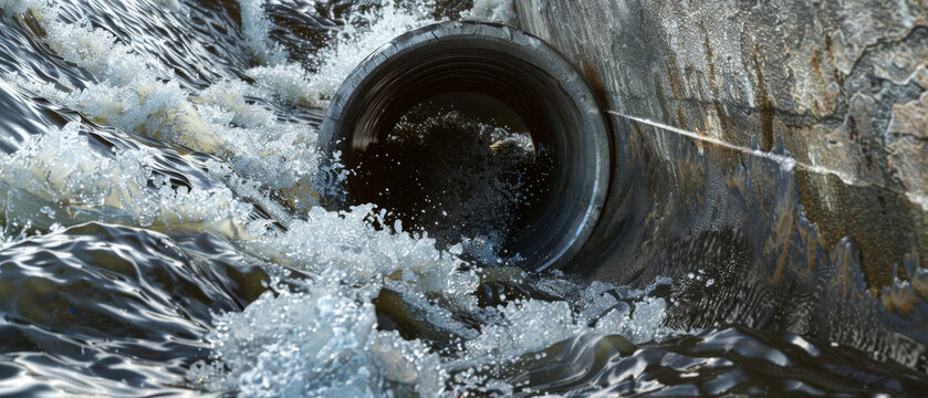 A storm drain pipe with turbulent water forcefully pouring out, showcasing the raw, powerful flow of water against a rocky surface.