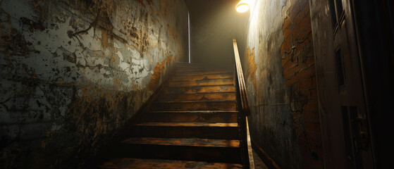 A dimly lit, weathered staircase, cloaked in shadows and peeling paint, leads up to a door with harsh light streaming through, creating an eerie atmosphere.