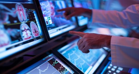 Closeup of hands pointing at an advanced computer screen displaying medical MRI images, with multiple monitors showing detailed infrared scans of the human brain
