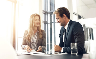 Man, financial advisor and table with paperwork for meeting, contract or insurance agreement....