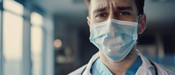 A young doctor with a mask looks serious and focused inside a modern clinical setting, representing the dedication and resolve in healthcare.
