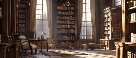 Sunlight streams through grand windows into an opulent library filled with antiquarian books, plush furniture, and elegant wooden d&eacute;cor.
