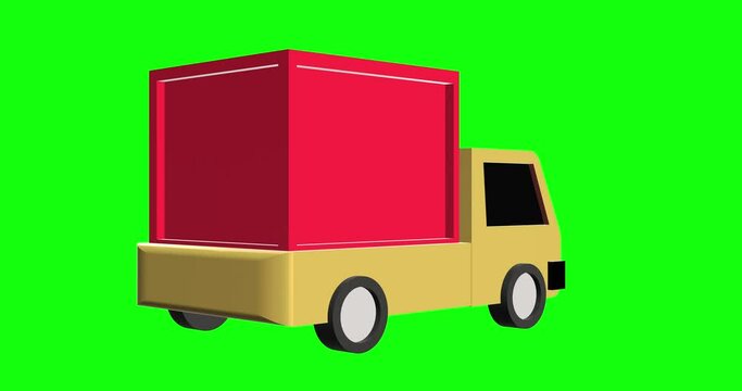 3d Cartoon Delivery Truck with Red Box on Green Screen,3d render logistic service delivery van animation isolated on green screen