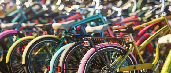 Close-up of a collection of vibrantly colored bicycles parked in a busy rack, highlighting their unique designs and rainbow palette.