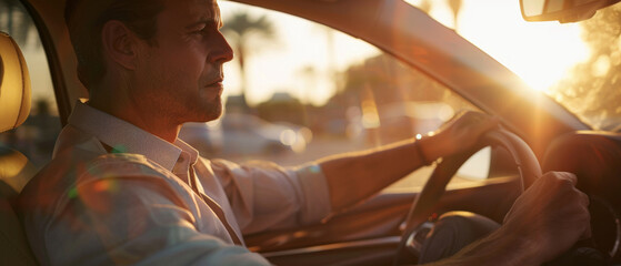 Man driving during sunset, warm light streaming through car window, focused expression, sense of journey.