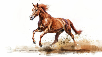 A dynamic watercolor painting of a galloping horse, showcasing its power and movement in a splash of vibrant colors.