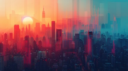 Fototapeta premium Modern Urban Sunrise Over Skyscrapers With Digital Style
