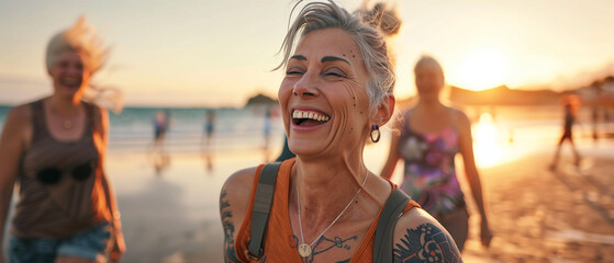 Laughing senior middle aged woman with gray hair and tattoos in sporty outfit walking on seaside beach with blurred aged friends in sunset. Aged people enjoy life. Active elderly people's lifestyle