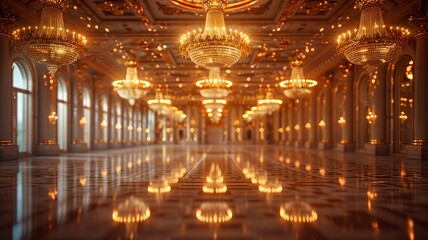 Obraz premium Grand Ballroom with Opulent Chandeliers Reflecting Elegance and Warm Lighting Aesthetic