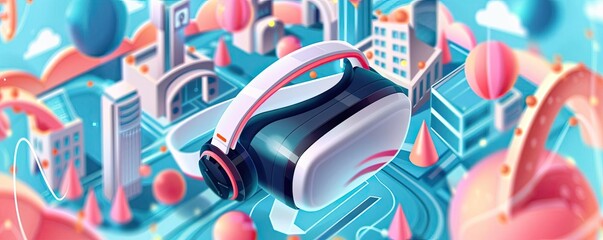Obraz premium Futuristic virtual reality headset floating above a vibrant, abstract cityscape, showcasing technology and innovation.