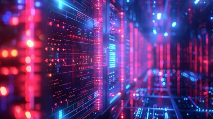 Obraz premium Futuristic Data Center with AI-Powered Servers and Holographic Interface