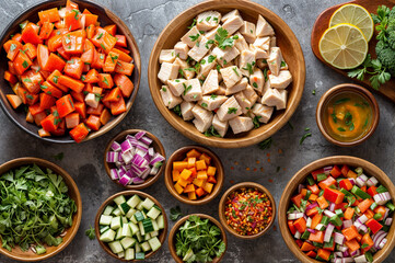 chicken taco or wrap / shawarma ingredients seen from above flat lay on table top
