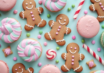 Sweet Delights: Gingerbread, Macarons, and Cupcakes on Festive Blue - Picture Perfect - Generative ai
