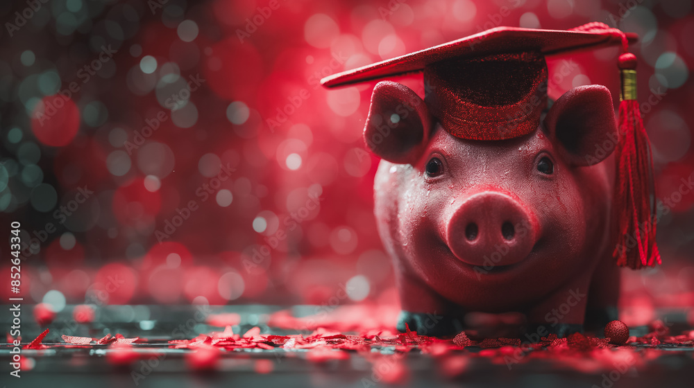 Wall mural a piggy bank with a graduation cap and tassel on top, symbolizing education and success. - Wall murals