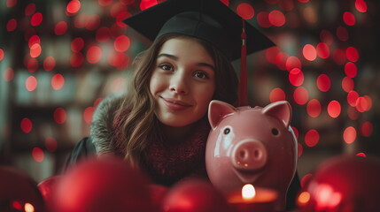 A woman wearing a black graduation cap is holding a piggy bank and smiling. symbolizing education and success.