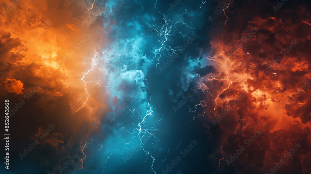 Poster vivid image of contrasting blue and orange storm clouds with lightning