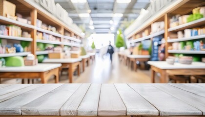 Fototapeta premium Verkaufsfläche mit Stil: Holztisch im liebevoll dekorierten Laden