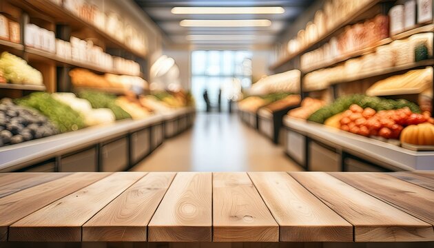 Holztisch im Laden: Unscharfer Hintergrund mit Verkaufsregalen
