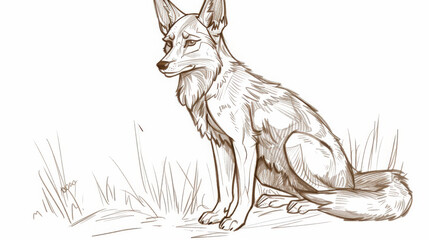 Intricate line art illustration of a fox sitting in a natural grassy setting, showcasing fine details and expressive features.