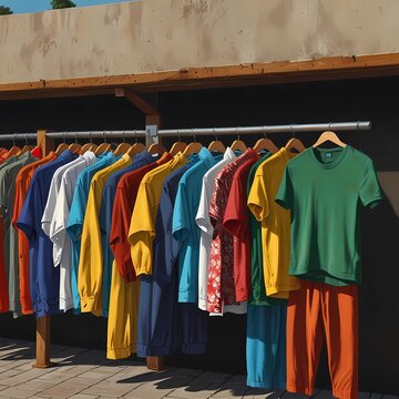Reeks gekleurde kleding die op een drooglijn op een zonnige dag hangen Vector illustratie
