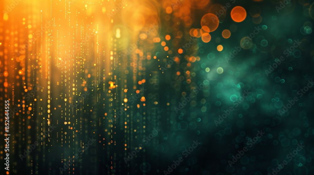 Poster futuristic backdrop with digital rain and warm bokeh lights