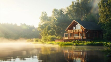 Obraz premium Large wooden house by the river, early morning, sunny foggy day, place for text. Banner
