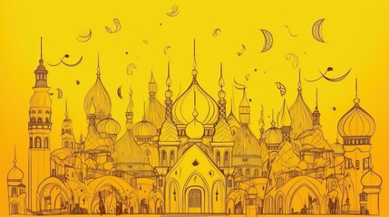 Fototapeta premium Muslim Islamic New Year, religious event. Graphic illustration. Bathed mosques. AI generated.