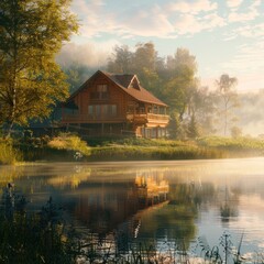 Fototapeta premium Large wooden house by the river, early morning, sunny foggy day, place for text.