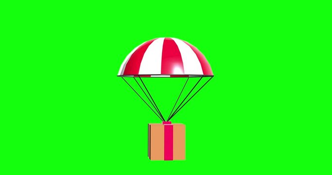 3d  flying parachute gift box surprise animation on green screen,parachute logistic shopping service 3d render animation 