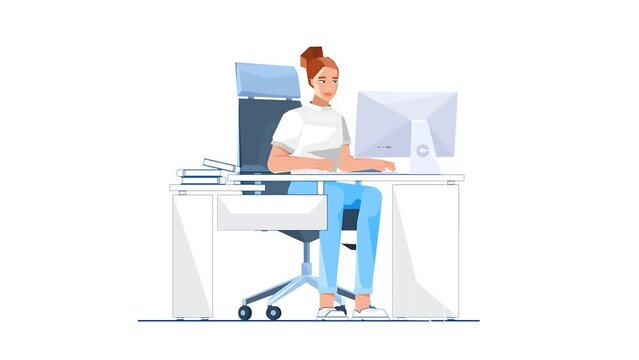 2D Illustration of a Woman Sitting at Desk and Working on Computer. The Woman Is Focused and Appears to Be in the Middle of a Task.