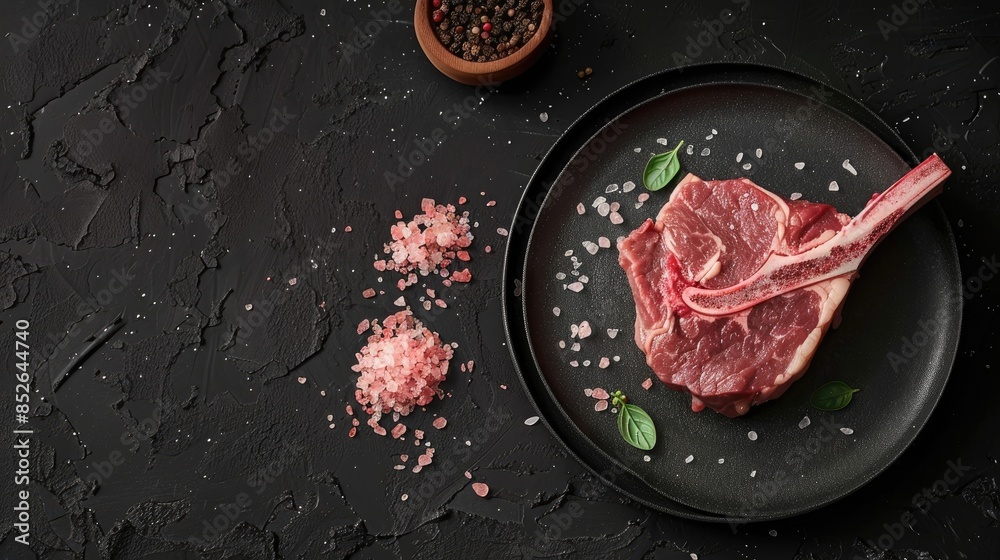 Sticker tomahawk beef veal steak with pink salt on plate scene from above with black background room for tex