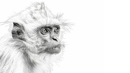 Fototapeta premium A black and white sketch of a monkey's face, capturing its expressive eyes and detailed fur texture.