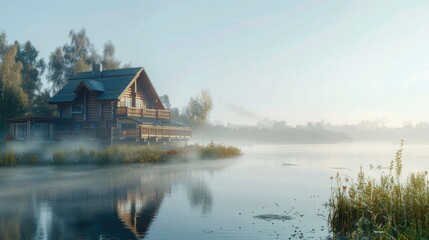 Obraz premium Large wooden house by the river, early morning, sunny foggy day, place for text. Banner