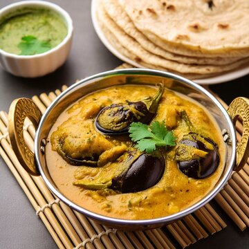 Indian cuisine eggplant curry or baingan curry with chapati