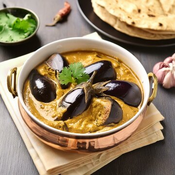 Indian cuisine eggplant curry or baingan curry with chapati