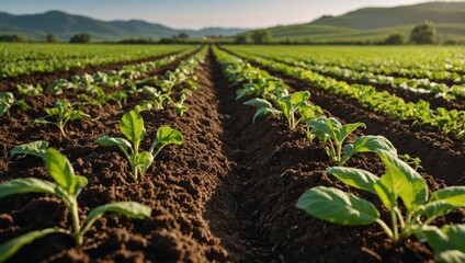 depicting sustainable agriculture with a close-up of organic crops growing in a field. Include elements like rich soil, healthy plants, and a watering system that conserves water. The 