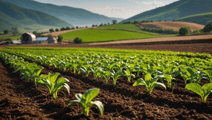 depicting sustainable agriculture with a close-up of organic crops growing in a field. Include elements like rich soil, healthy plants, and a watering system that conserves water. The 