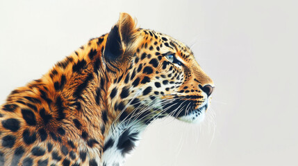 Obraz premium A striking side profile of a majestic leopard, showcasing its detailed fur and intense gaze against a plain backdrop.