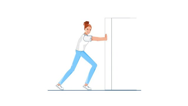 Woman Struggling While Pushing a Cube With Hands 2D Animation