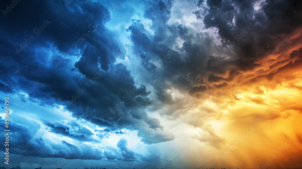 Poster vivid contrast between storm clouds and sunrays piercing through during a rainfall
