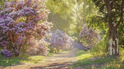 Naklejka premium Blooming lilac trees and flowers in a spring park
