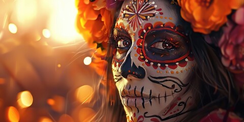 Fototapeta premium Day of the Dead Woman in Floral Headpiece.