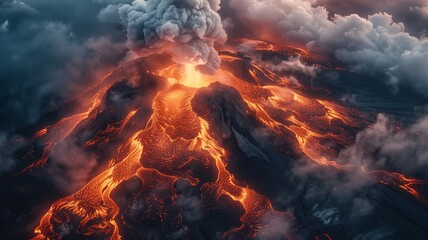 Fiery Eruption: A Captivating Volcanic Explosion in Dramatic Evening Light with Clouds of Smoke