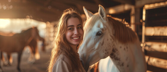 young woman horse breeder grooming white horse in stable