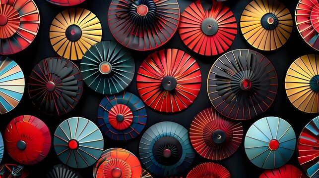  Interior ceiling, disc array decorative discs, African pattern, Maillard colors, 4K, clean background, OC render,