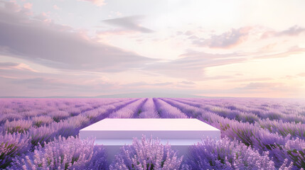 podium , platform for product demonstration against a lavender field background